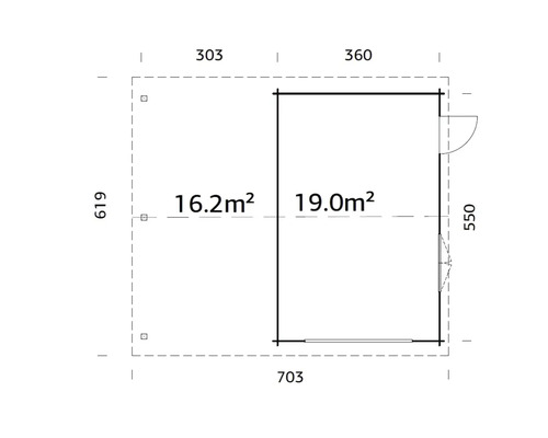 Plan d''un abri de jardin avec des dimensions de 303 sur 619 centimètres et de 360 sur 550 centimètres, ainsi que des indications de surface