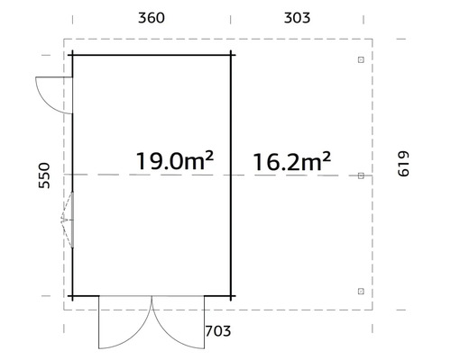 Grundrisszeichnung eines Gartenhauses mit Maßangaben