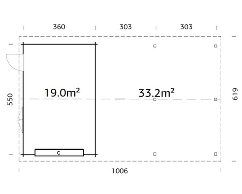 Grundrisszeichnung eines Gartenhauses mit den Maßen 1006 mal 619 Zentimeter