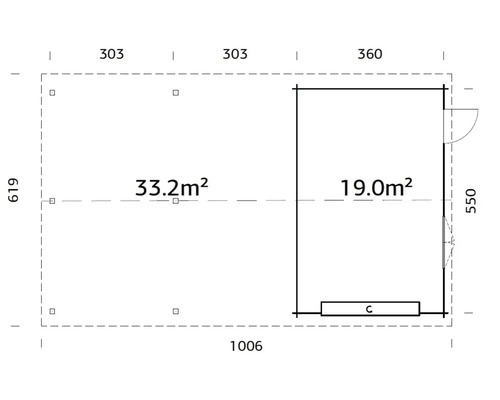 Grundrisszeichnung eines Gartenhauses mit Massangaben