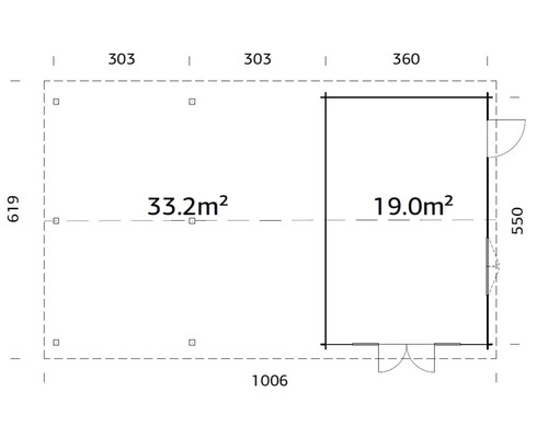 Plan d''un abri de jardin avec des dimensions de 1006 x 619 cm, une surface de 33,2 m² et une annexe de 19,0 m²