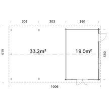 Grundriss eines Gartenhauses mit den Maßen 1006 mal 619 und einer Fläche von 33,2 Quadratmetern und einem Anbau mit 19 Quadratmetern.