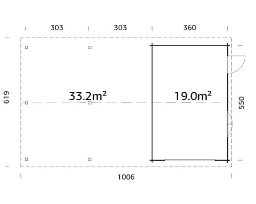 Grundrisszeichnung eines Gartenhauses mit den Massen 1006 x 619 Zentimeter und einer Fläche von 33,2 Quadratmetern sowie einer angeschlossenen Fläche von 19 Quadratmetern