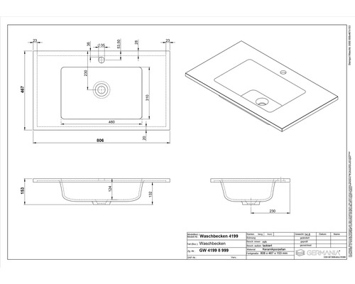 Dessin technique d''un lavabo avec dimensions