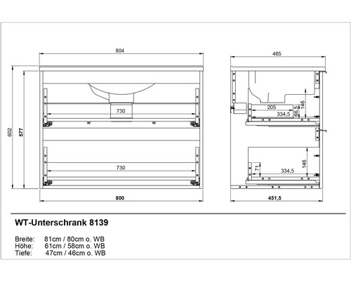 Schéma technique d''un meuble sous-lavabo avec dimensions