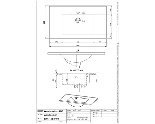 Dessin technique d''un lavabo en céramique avec des dimensions de 804 x 180 x 465 millimètres.