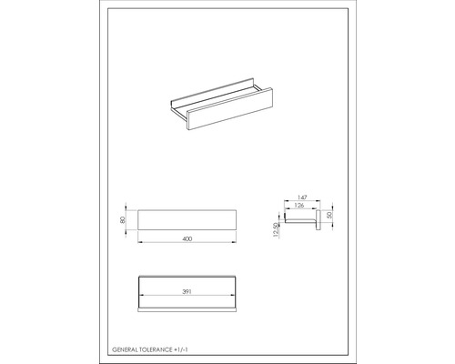 Technische Zeichnung eines Wandregals mit Maßen.