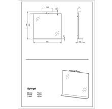 Technische Zeichnung eines Spiegels mit den Maßen 76 cm Breite, 75 cm Höhe und 15 cm Tiefe.