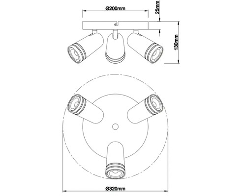 Schéma technique d''un plafonnier avec trois spots et indications de dimensions