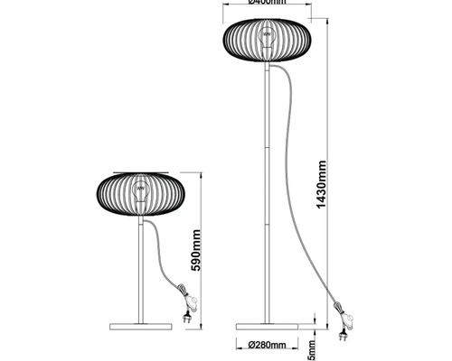 Dessin technique d''un lampadaire et d''une lampe de table avec dimensions