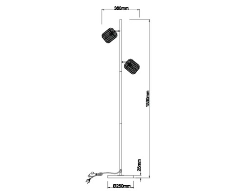Dessin technique d''un lampadaire avec deux spots, dimensions 360 mm de largeur et 1530 mm de hauteur.