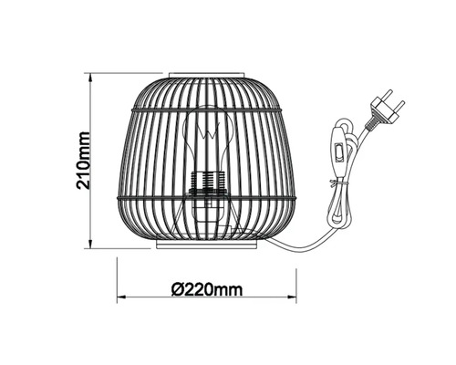 Dessin technique d''une lampe de table mesurant 210 mm de haut et 220 mm de diamètre.