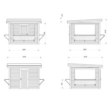 Schéma technique d''un abri de jardin en bois avec dimensions