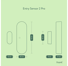 Dimensions du Entry Sensor 2 Pro de frient : 12 mm, 26 mm, 76 mm, 9 mm, 30 mm, 17 mm