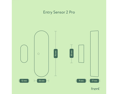 Abmessungen des Entry Sensor 2 Pro von frient: 12 mm, 26 mm, 76 mm, 9 mm, 30 mm, 17 mm
