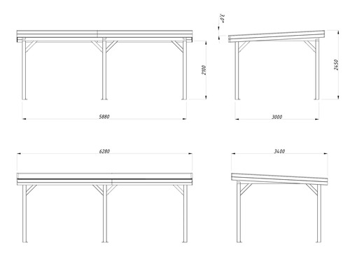 Dessin technique d''un carport avec indications de dimensions