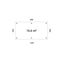 Plan avec dimensions et une surface de 16,6 mètres carrés.