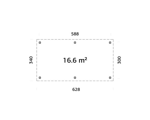 Plan avec dimensions et une surface de 16,6 mètres carrés.
