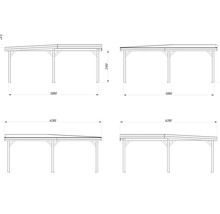Technische Zeichnung eines Holzcarports mit Maßangaben