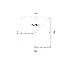 Grundriss eines Gartenhauses mit den Maßen 588 x 628 cm und einer Fläche von 24,9 Quadratmetern.