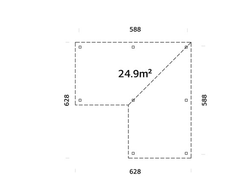 Grundriss eines Gartenhauses mit den Maßen 588 x 628 cm und einer Fläche von 24,9 Quadratmetern.