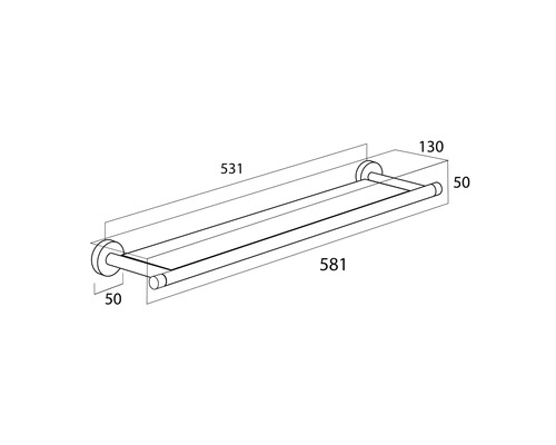 Technische Zeichnung eines Handtuchhalters mit Regal und Maßangaben
