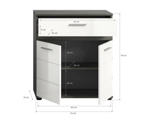 Kommode mit Schublade und zwei Türen inklusive Maßangaben