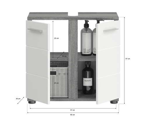 Waschtischunterschrank mit zwei offenen Türen, Ablagen, Korb und Flaschen