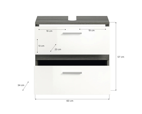 Waschtischunterschrank mit zwei Schubladen und Abmessungen.
