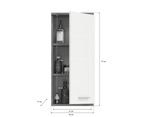 Offener Hängeschrank mit drei Regalböden und Maßangaben