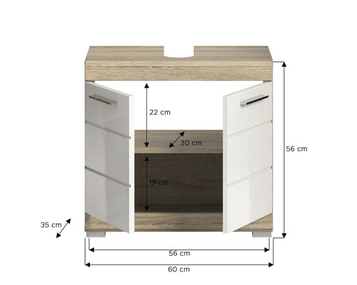 Waschbeckenunterschrank mit offenen Türen und Größenangaben.
