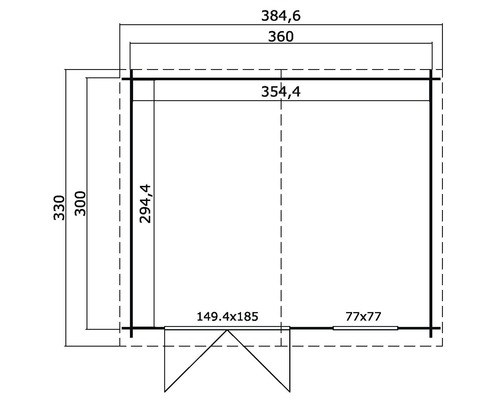 Grundrisszeichnung eines Gartenhauses mit Maßangaben.