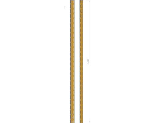 Zwei Holzleisten, jeweils 2400 mm lang, mit Aussparungen und Bohrungen für Regalsysteme