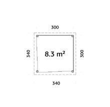 Plan avec des dimensions de 340 sur 340 et 300 sur 300 avec une surface de 8,3 mètres carrés