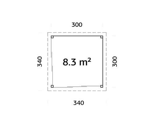 Plan avec des dimensions de 340 sur 340 et 300 sur 300 avec une surface de 8,3 mètres carrés