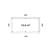 Plan avec les dimensions 588 x 340 x 628 x 300 et une superficie de 16,6 mètres carrés