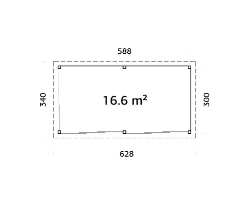 Plan avec les dimensions 588 x 340 x 628 x 300 et une superficie de 16,6 mètres carrés