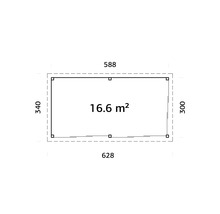 Plan avec dimensions : 340 x 628 centimètres, surface de 16,6 mètres carrés