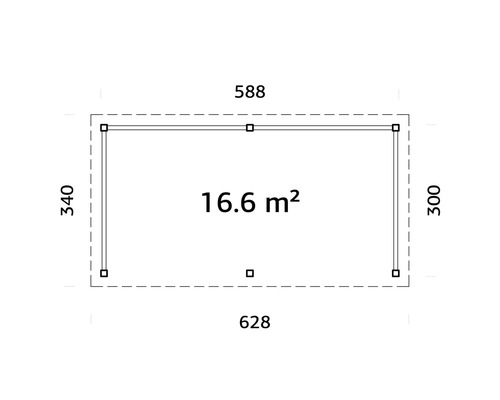 Plan avec dimensions, surface 16.6 mètres carrés