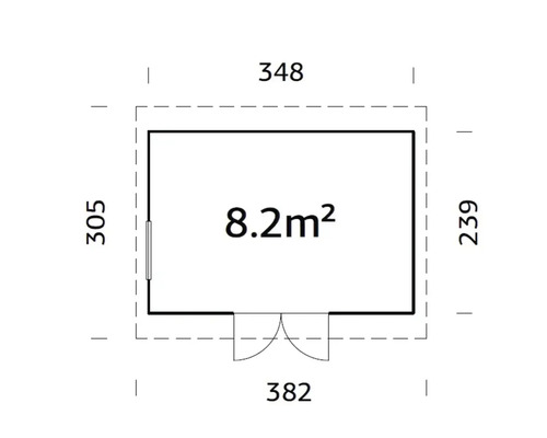 Plan d''un abri de jardin avec indication de la surface de 8,2 mètres carrés et les dimensions en centimètres