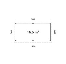 Plan avec les dimensions 588 x 340 x 628 x 300 cm et une surface de 16,6 mètres carrés
