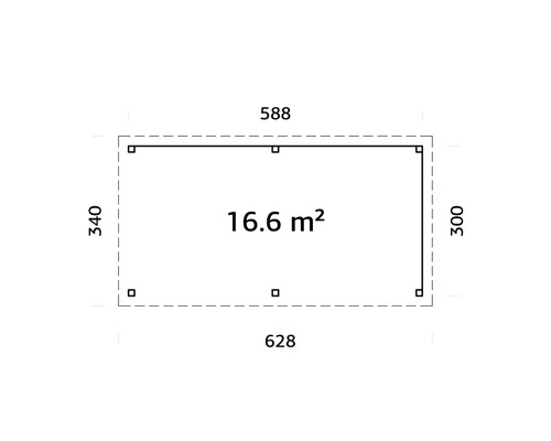 Plan avec les dimensions 588 x 340 x 628 x 300 cm et une surface de 16,6 mètres carrés