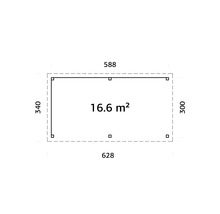 Plan avec les dimensions 588 sur 340, 628 sur 300 et une superficie de 16,6 mètres carrés