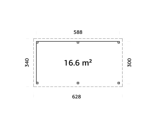 Plan avec les dimensions 588 sur 340, 628 sur 300 et une superficie de 16,6 mètres carrés