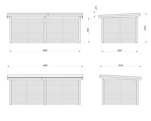 Dessin technique d''un carport avec parois latérales et dimensions.