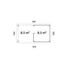 Plan d''un abri de jardin mesurant 588 sur 628 centimètres