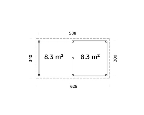 Plan d''un abri de jardin mesurant 588 sur 628 centimètres