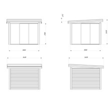 Dessin technique d''une remise de jardin avec porte coulissante et les dimensions 3400, 3000, 2450 et 2100.