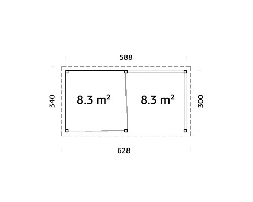 Plan avec deux pièces de 8,3 mètres carrés chacune et dimensions