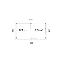 Plan avec dimensions pour une cabane de jardin, composée de deux carrés de 8,3 mètres carrés chacun.